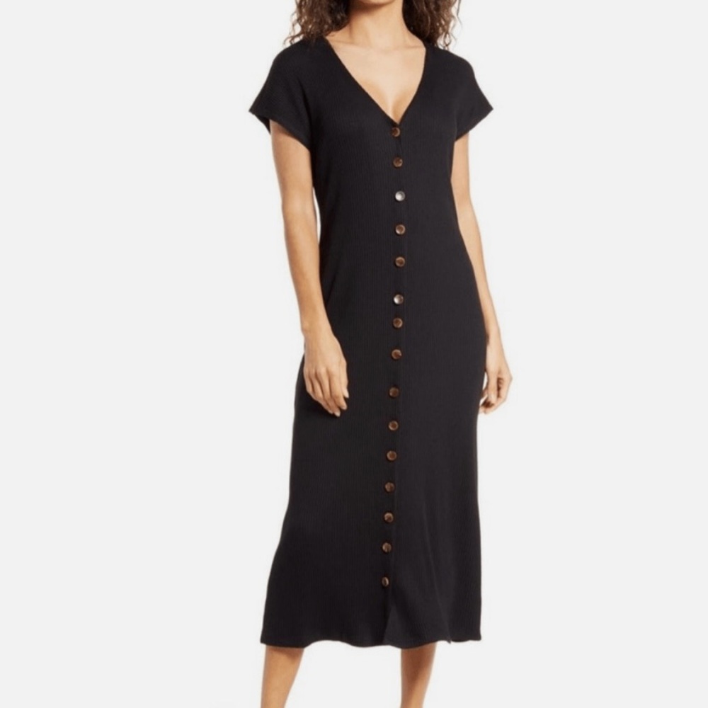 Anthropologie Black Button-Front Midi Dress